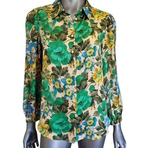 15B. Zara Green and Mustard Yellow Floral Button Down Shirt - Size S